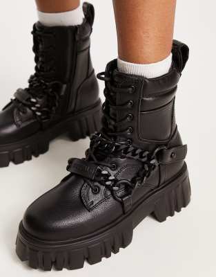 Buffalo Lion chunky boots with chain in black - ASOS Price Checker