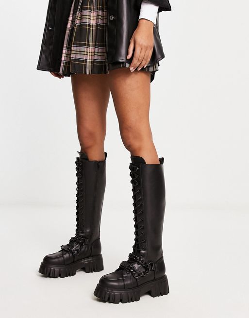 Buffalo Lion chunky knee boots with chain in black | ASOS