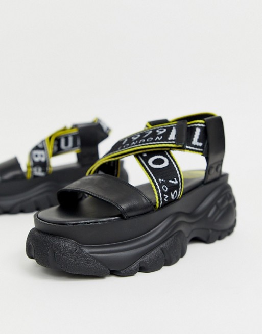 Buffalo London Bo chunky flatform logo sandals in black | ASOS