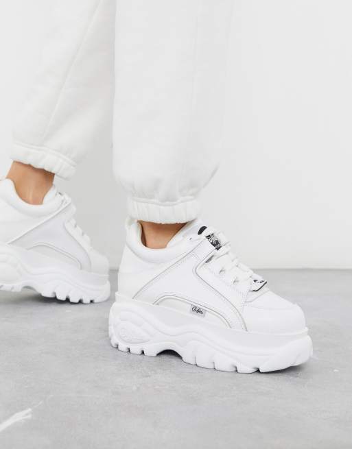 Buffalo London classic leather lowtop chunky sneakers in white | ASOS