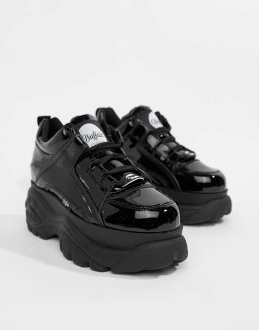 Buffalo London classic low top platform sneakers in black patent