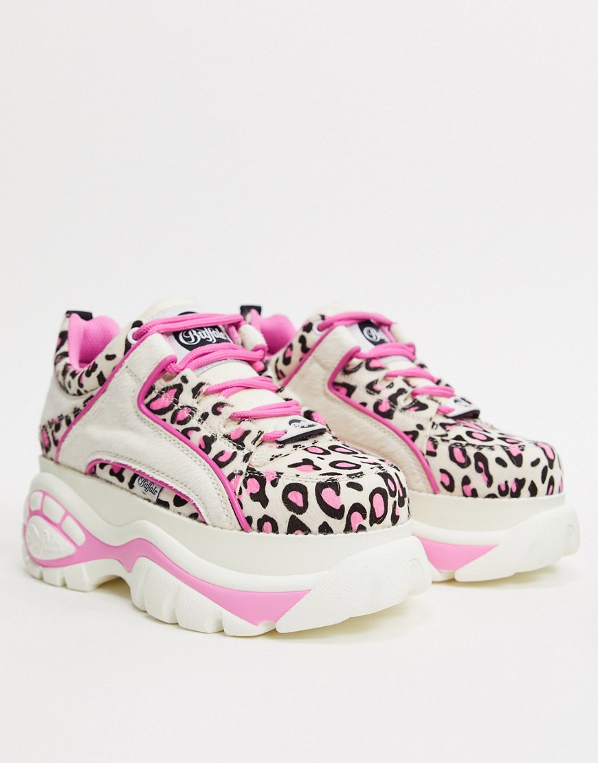 Buffalo - London - Lage sneakers met luipaardprint in wit en roze-Multi