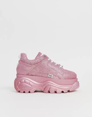 Buffalo London London Classic Kicks pink glitter lowtop chunky flatform  trainer | ASOS