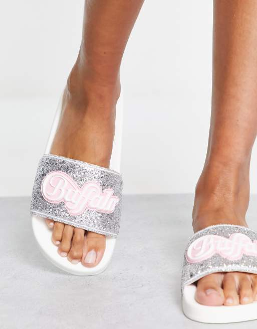 Buffalo Rees logo slides in silver glitter ASOS