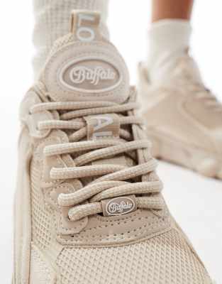 Buffalo Damen Sneaker Mit Plateausohle – Farbe Creme, Größe EUR 40, Schnürschuh Aus Textil, Absatz Ca. 5,5 Cm