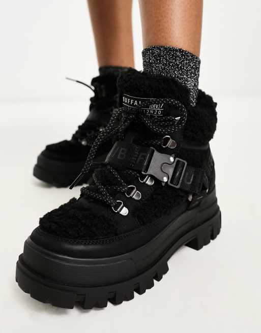 Wide fit black borg lined lace hot sale up boots