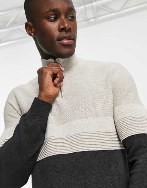 Burton colour block quarter zip jumper in stone ASOS