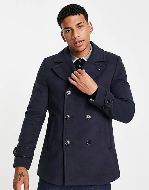Burton double breasted peacoat in navy | ASOS