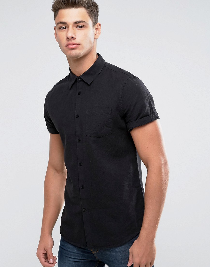 Burton Kläder för Män – Kortärmad skjorta i linnetyg med smal passform-Svart