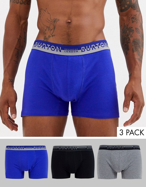 Burton Menswear 3 pack of trunks in blue black and grey