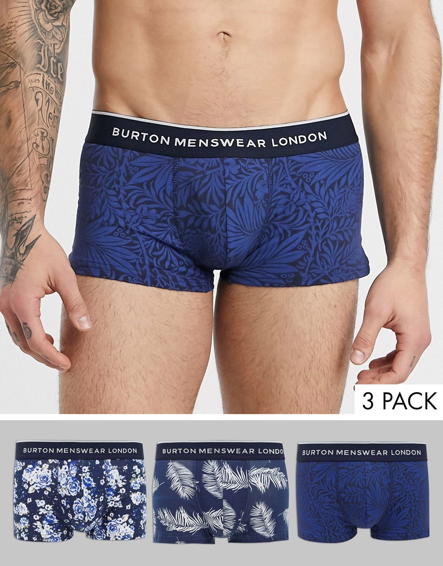 Burton Menswear 3 pack of trunks with floral design in navy