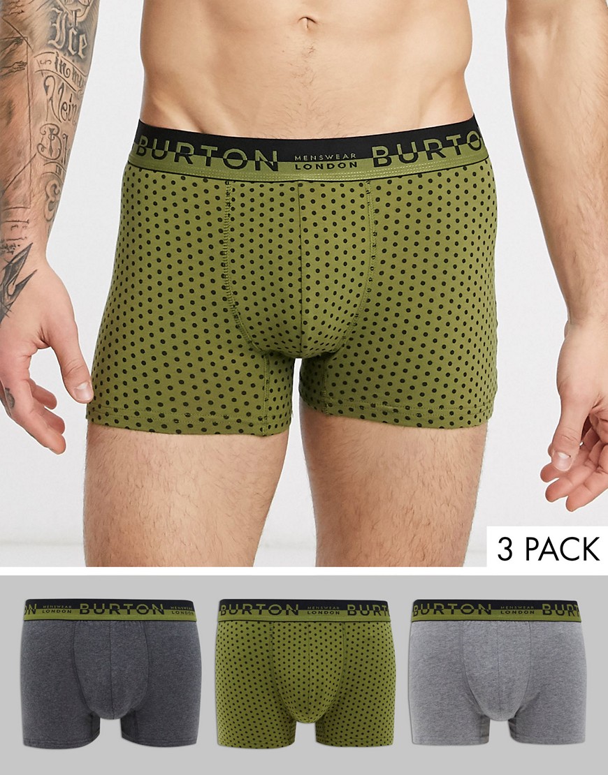 Burton Menswear 3 pack of trunks with polka dot design in khaki-Green