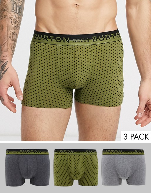 Burton Menswear 3 pack of trunks with polka dot design in khaki