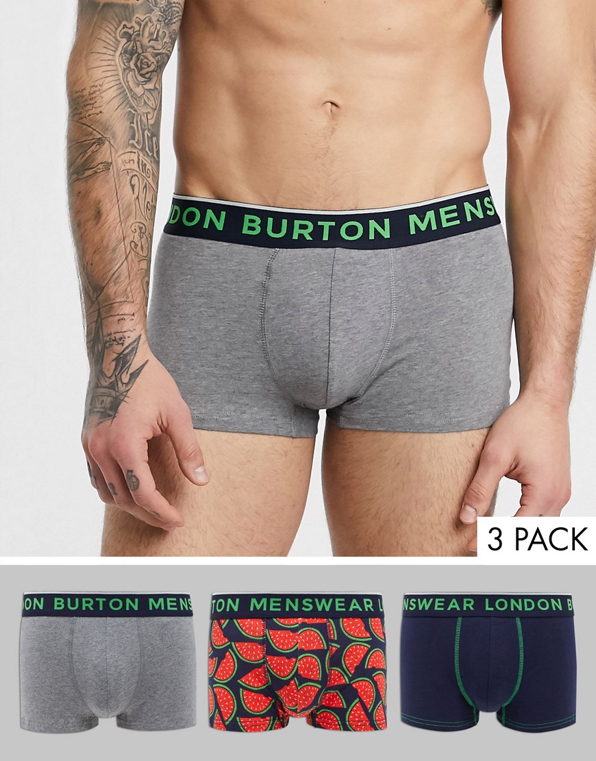 Burton Menswear 3 pack of trunks with watermelon design-Grey