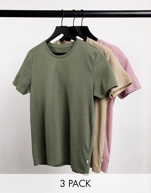Burton Menswear 3 pack t-shirts in sand khaki & pink