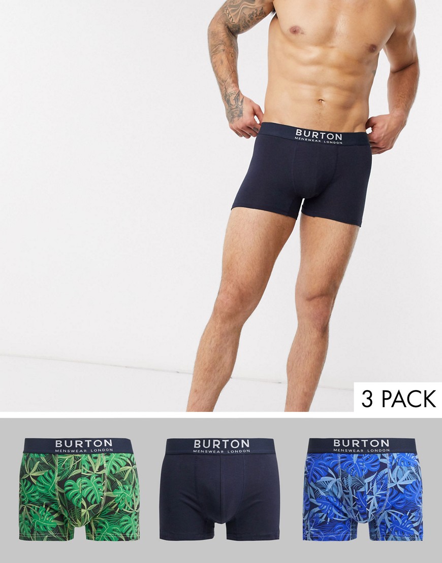 Burton Menswear – 3-pack trunks med bladmönster-Blå