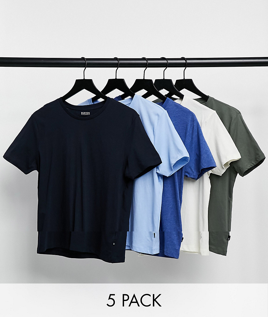 Burton Menswear 5 pack crew t-shirts in navy blue khaki and ecru-Multi