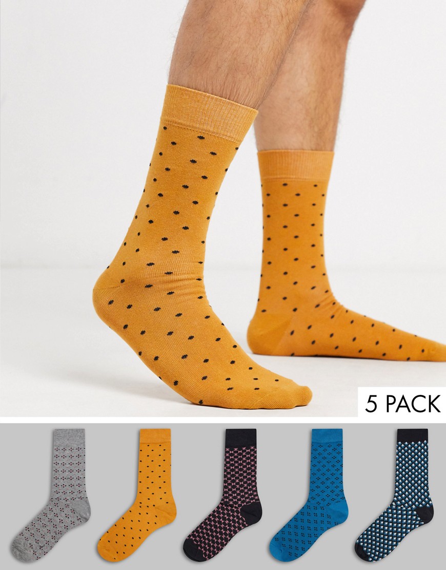 Burton Menswear 5 pack of socks in geo pattern-Grey