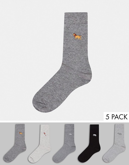 Burton Menswear 5 pack socks with animal embroidery in multi