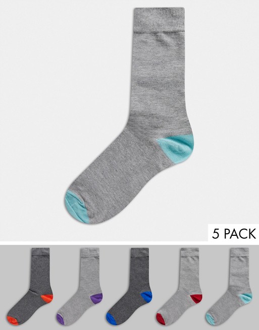 Burton Menswear 5 pack socks with contrast heel and toe in grey
