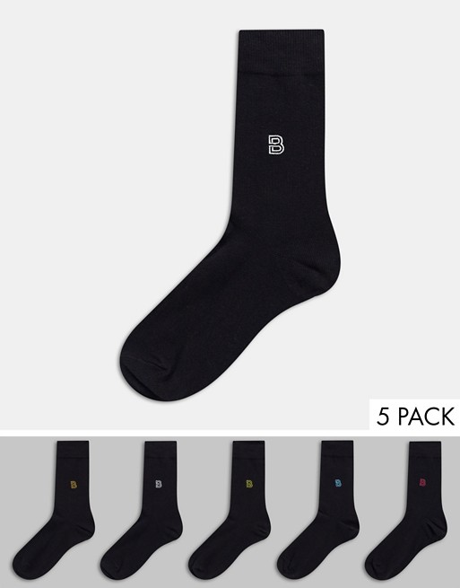 Burton Menswear 5 pack socks with logo embroidery in black