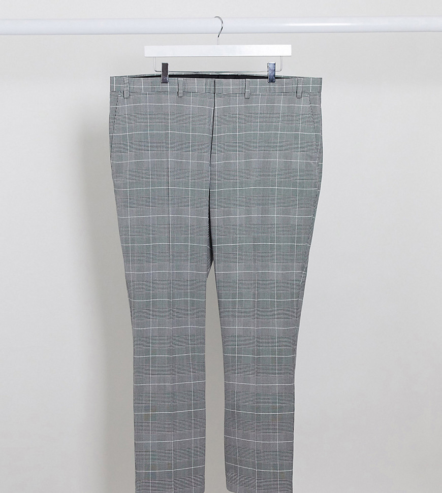 Burton Menswear Big & Tall – Grå glencheckrutiga kostymbyxor med smal passform