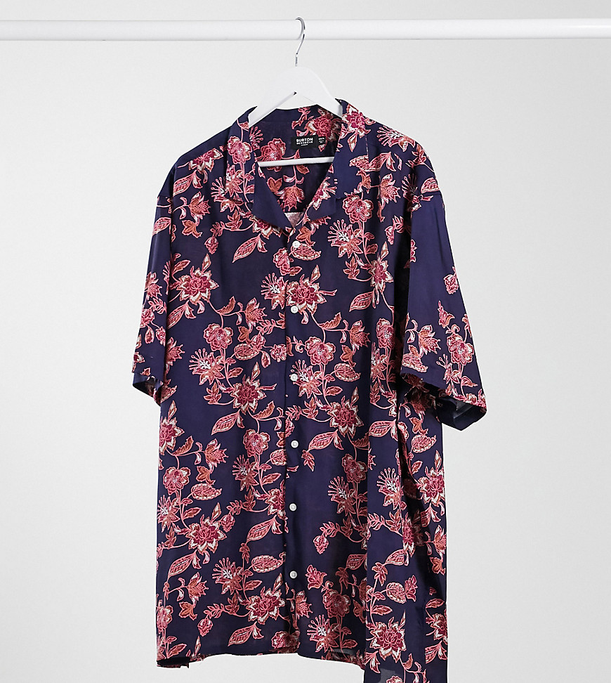 Burton Menswear Big & Tall – Mörkblå och rosa, blommig skjorta med korta ärmar-Marinblå