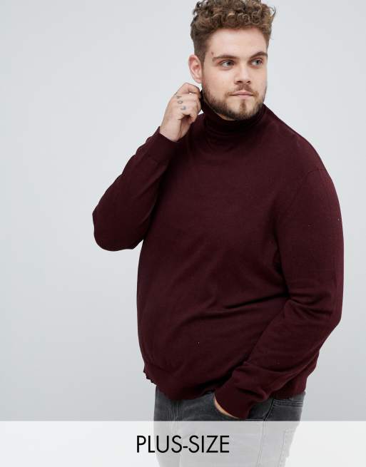 Burton Menswear Big Tall roll neck jumper in burgundy ASOS