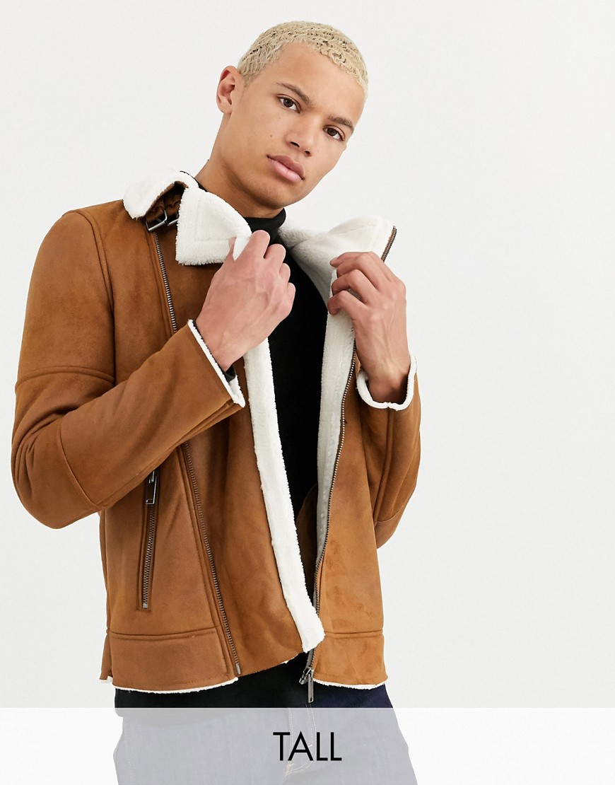 Burton Menswear Big & Tall shearling jacket in brown-Black