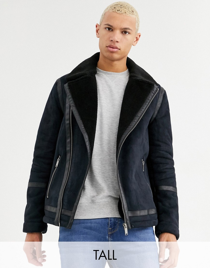 Burton Menswear Big & Tall shearling jacket in dark navy-Black