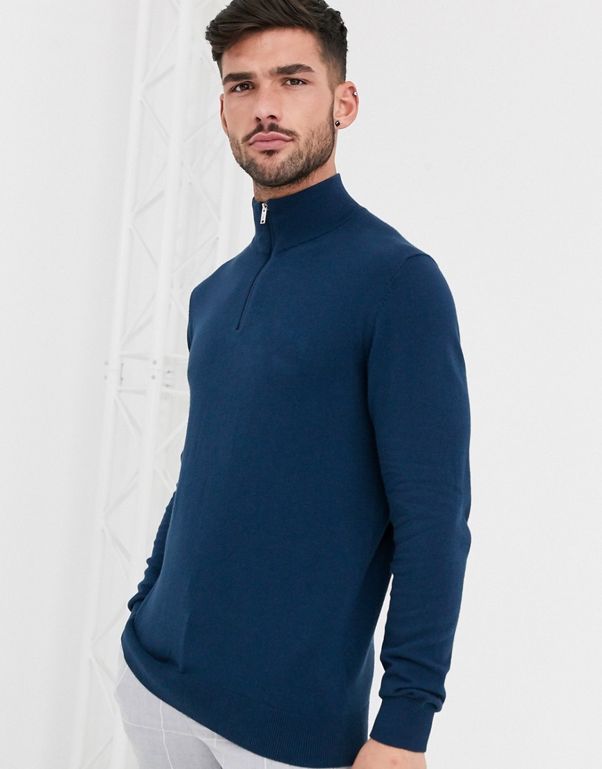 Burton Menswear - Blå striktrøje med kort lynlås