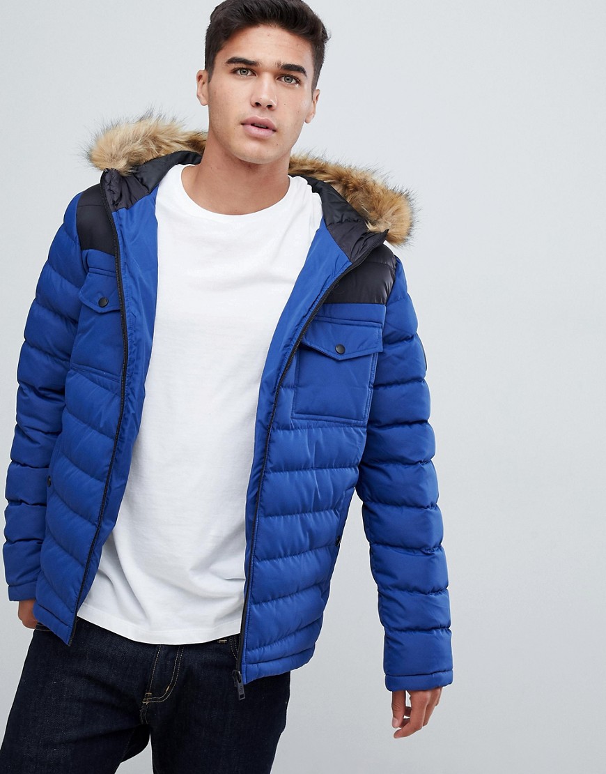 Burton Menswear — Blå vadderad jacka med påsydda detaljer