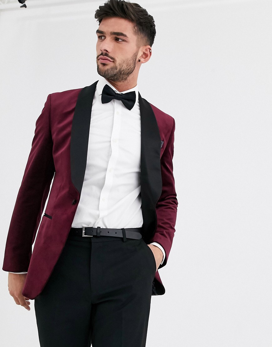 Burton Menswear - Blazer in velluto bordeaux-Rosso