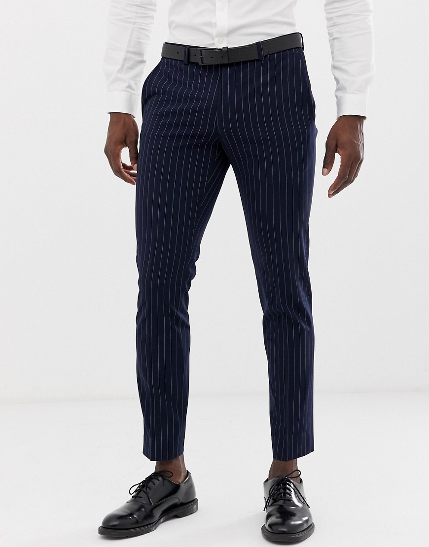 Burton Menswear – Bröllop – Marinblå, randiga kostymbyxor med smal passform