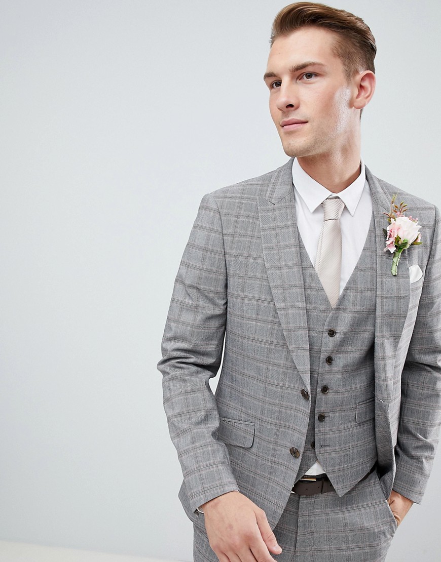 Burton Menswear – Bröllop – Rutig kostymjacka i grått och rött