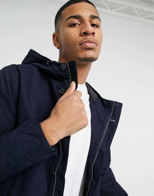 Burton Menswear button through mid length parka in navy ASOS