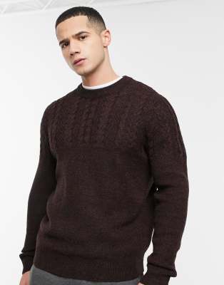 Burton Menswear cable knit jumper in burgundy-Red