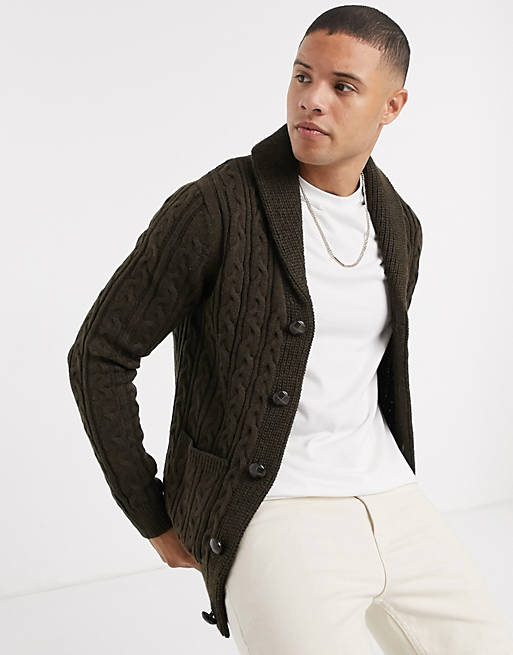 Burton Menswear cable knit shawl neck cardigan in brown | ASOS