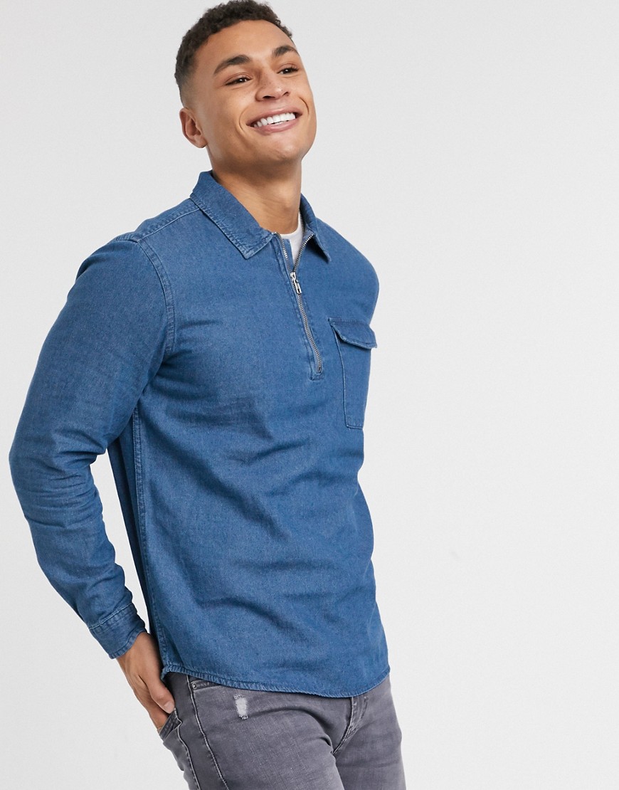 Burton Menswear - Camicia di jeans con zip corta-Blu
