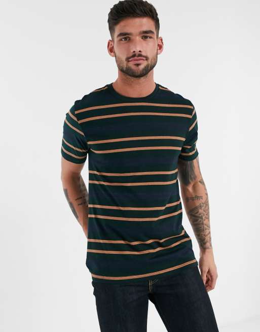 Burton Menswear - Ciemnozielony t-shirt w poziome paski