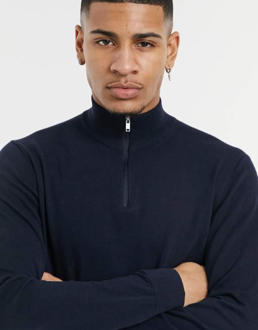 Burton Menswear cotton blend knitted half zip jumper in navy ASOS