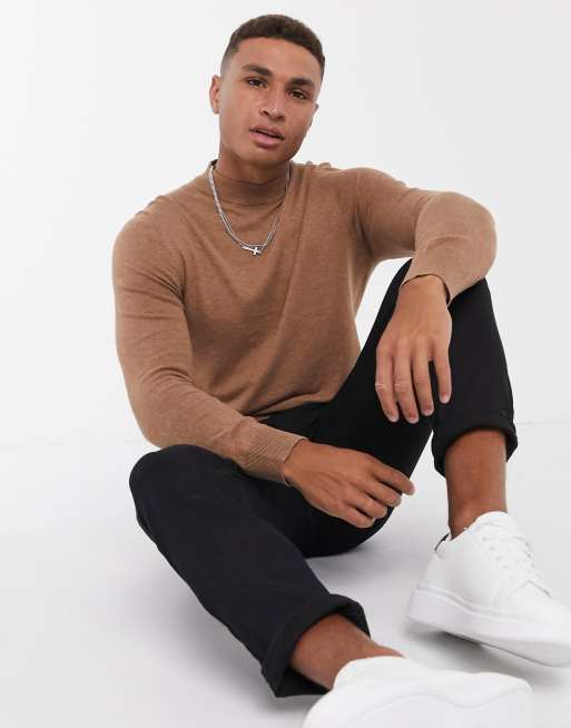 Burton Menswear cotton blend knitted turtleneck jumper in camel BROWN