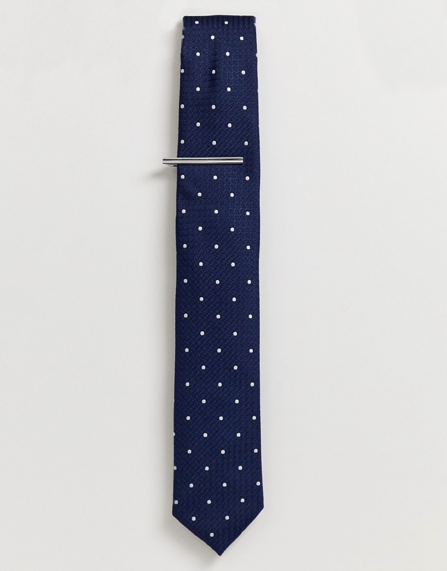 Burton Menswear - Cravatta blu navy a pois con fermacravatta