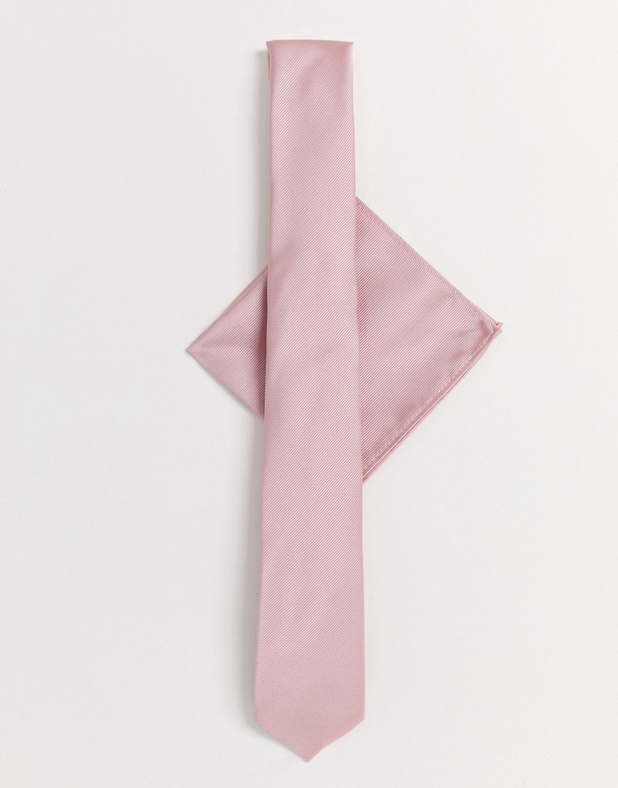 Burton Menswear - Cravatta rosa confetto con fazzoletto da taschino