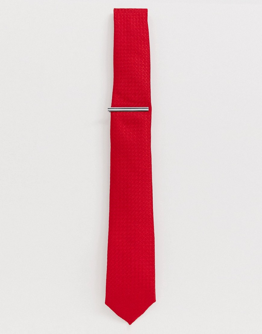 Burton Menswear - Cravatta rosso testurizzato con fermacravatta