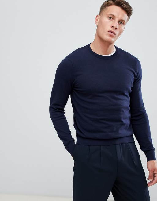 Burton Menswear crew neck jumper in navy ASOS