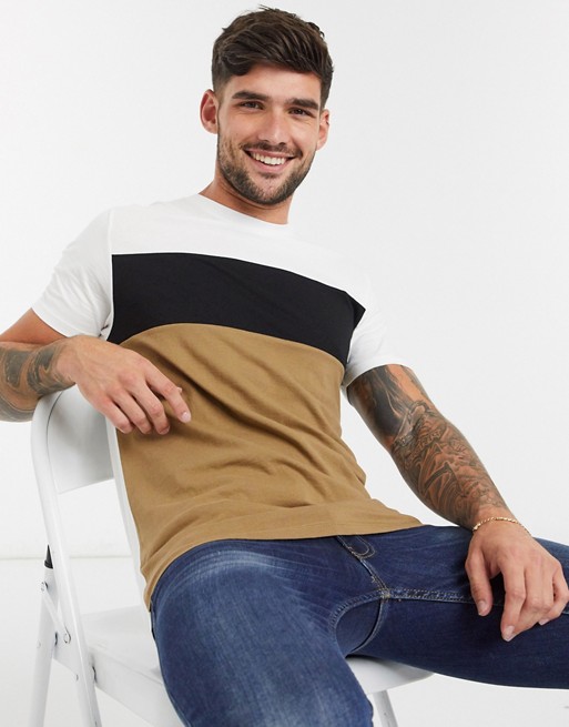 Burton Menswear cut & sew t-shirt in white & brown