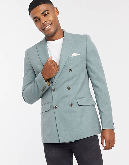  Burton Menswear double breasted skinny suit jacket in sage green 