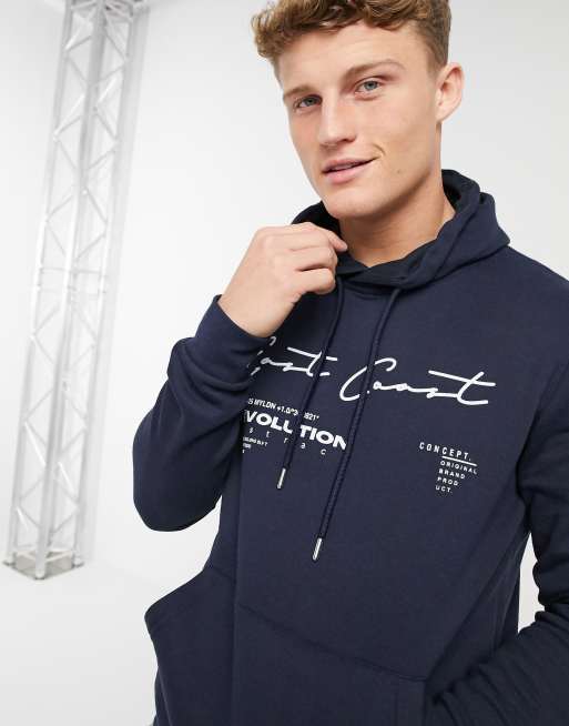 Burton Menswear East Coast print overhead hoodie in navy