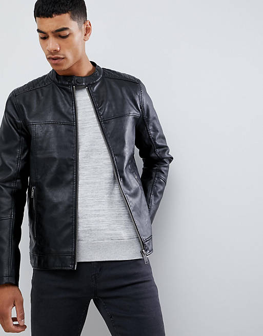 Burton Menswear faux leather racer jacket in black | ASOS
